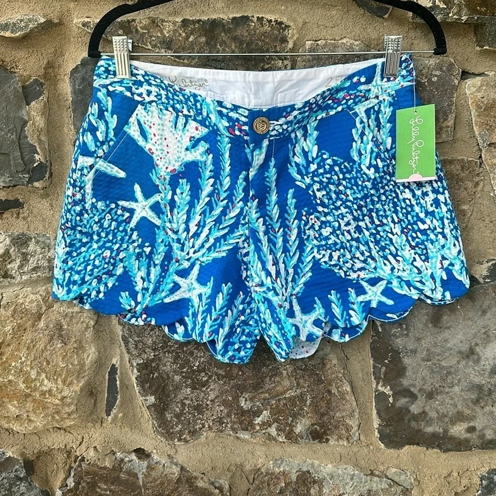 NWT Lilly Pulitzer Buttercup Shorts Brewster Blue Good Reef Scalloped Hem Size 2